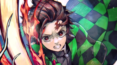 Tanjiro Kamado desatando una resolución ardiente en Demon Slayer: Kimetsu no Yaiba.