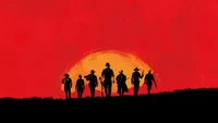 Silhuetas de fora da lei contra um pôr do sol ardente em Red Dead Redemption 2