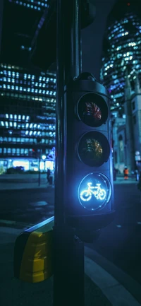 Semáforo de bicicleta iluminado por la noche en un entorno urbano