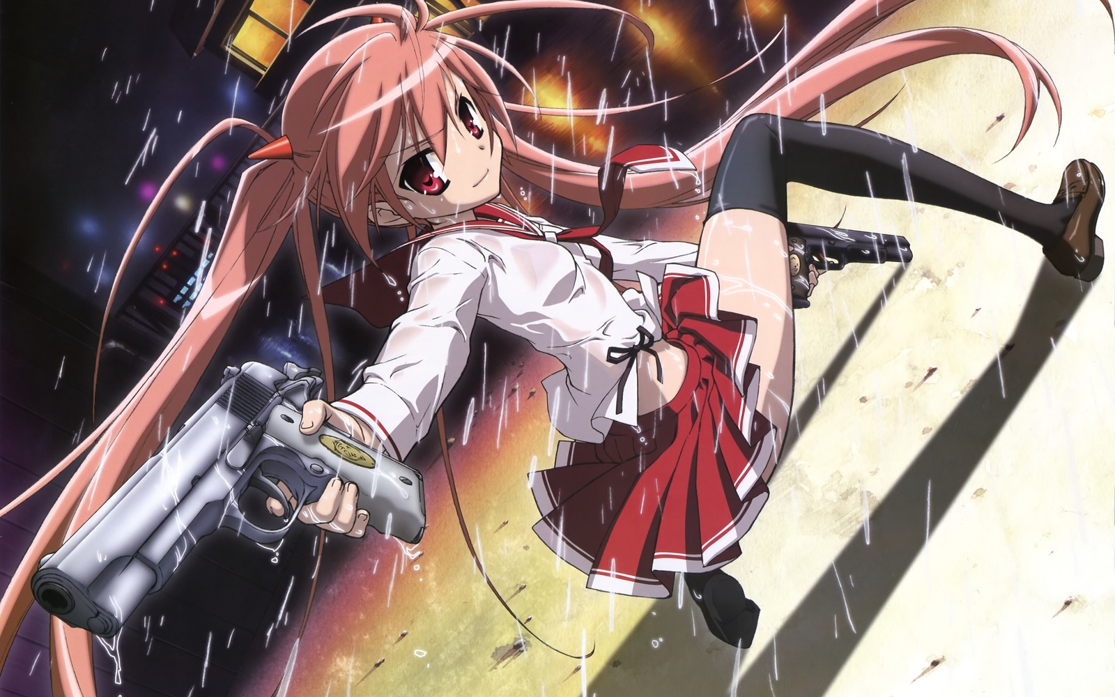 Anime girl with gun in the rain (anime, manga, fictional character, harem, drawing)