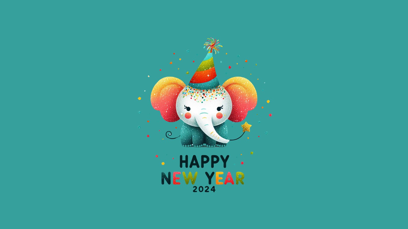 happy new year 2024, 8k, elephant cub, cute art, ai art wallpaper