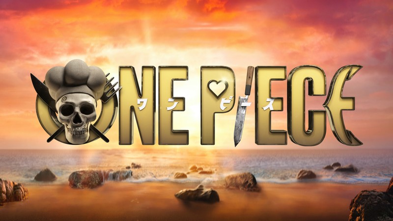 Логотип one piece с черепом и мечом на пляже (санджи, sanji, логотип one piece, one piece logo, 5k)