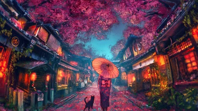 Escena serena de calle con flores de cerezo, kimono y gato