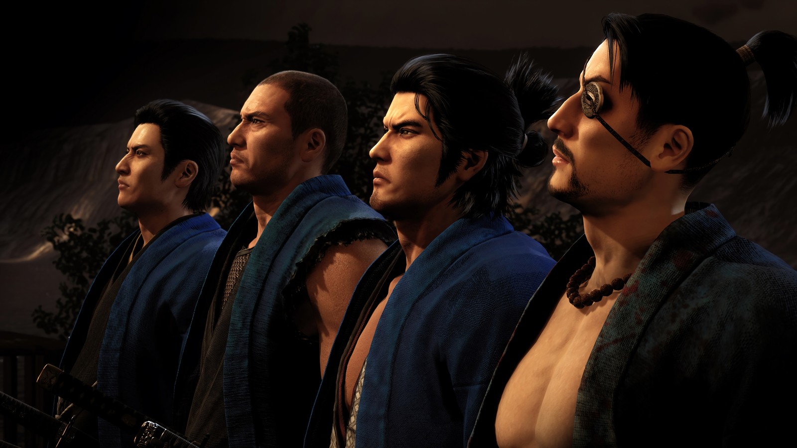 Un gros plan d'un groupe d'hommes en robes se tenant côte à côte (like a dragon ishin, jeu vidéo, personnages)