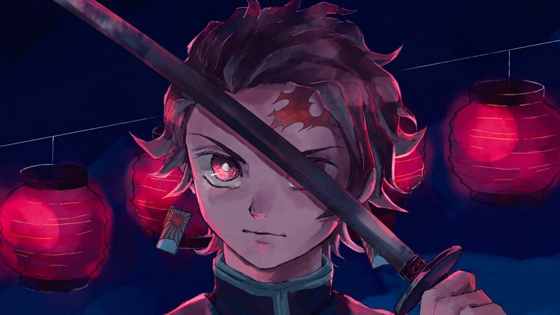 Аниме, аниме девушка, меч, красные фонари, аниме искусство, обои (tanjirou kamado, kimetsu no yaiba, убийца демонов кимэцу но яиба, demon slayer kimetsu no yaiba, аниме)