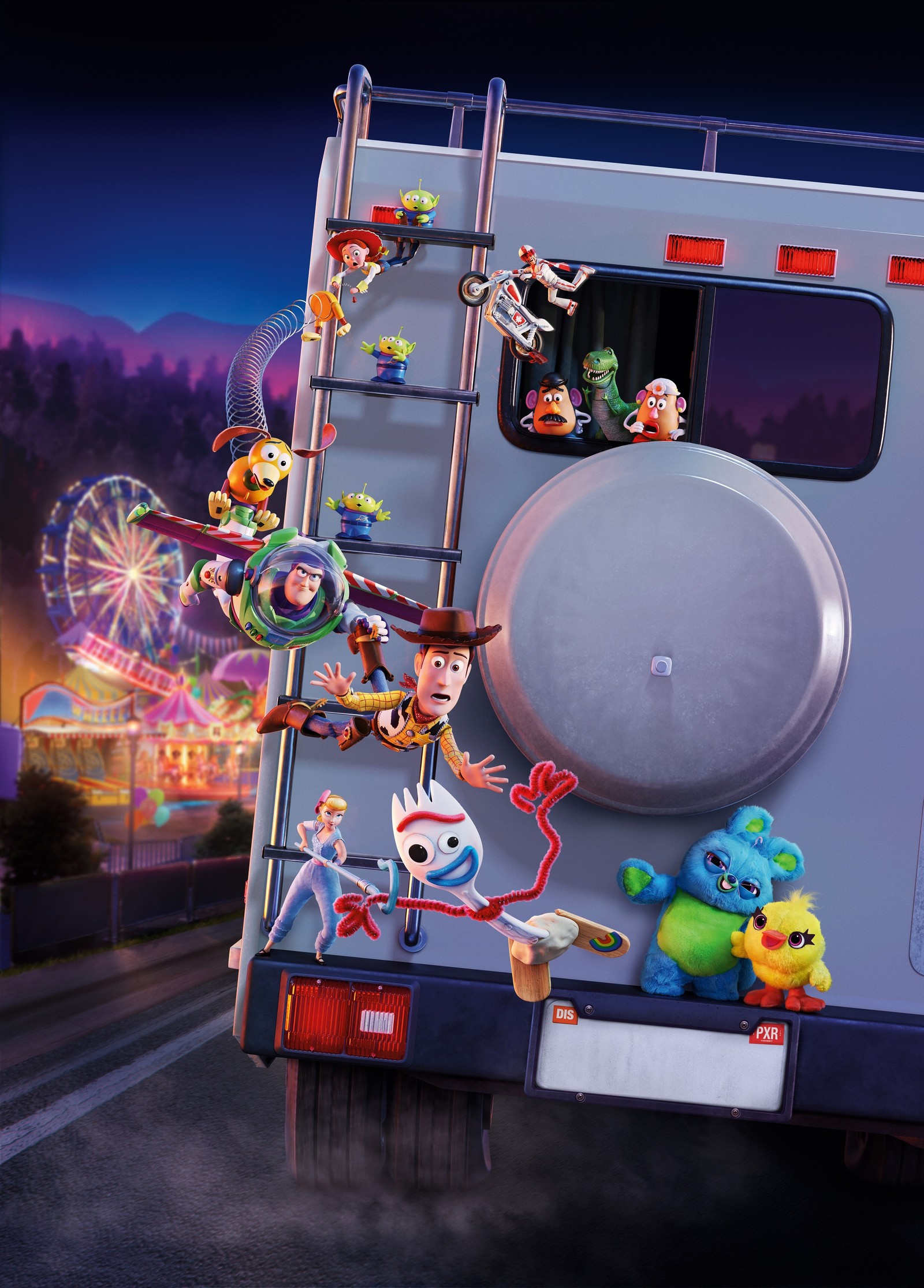 Arafed truck with a bunch of monsters on the back of it (hd, movie, pixar, toy story, toy story 4)