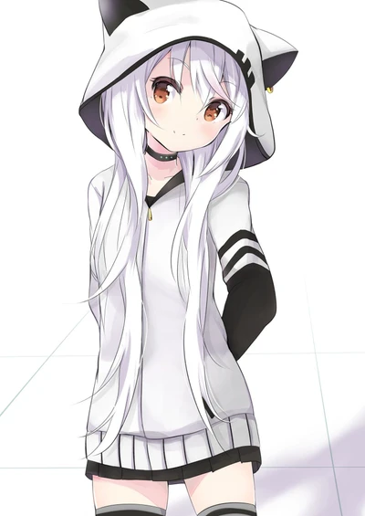 Anime Girl in Cat Hoodie: Black and White Aesthetic