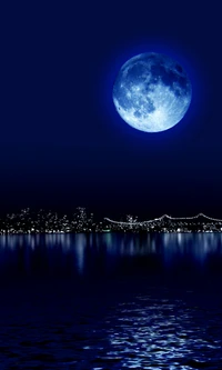 azul, cidade, lua, noite, reflexo