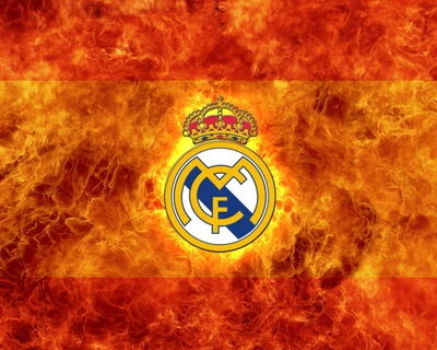 Logotipo do Real Madrid contra um fundo espanhol em chamas