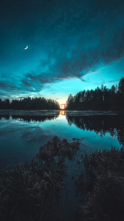 Reflexões Sonhadoras do Crepúsculo: Uma Paisagem Serena ao Anoitecer