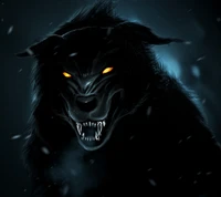 Loup-garou noir menaçant avec des yeux orange perçants dans un cadre sombre et inquiétant.