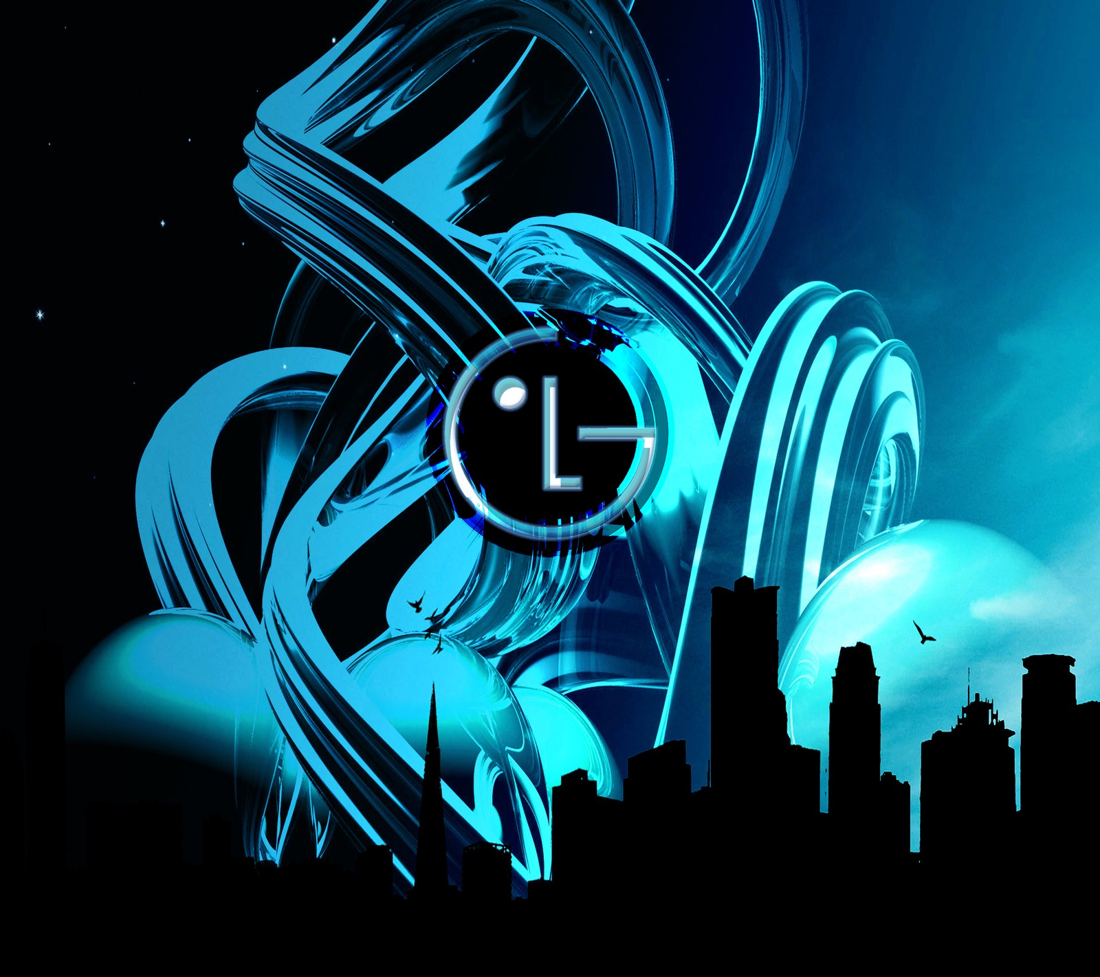 Arafed image of a city with a clock and a blue sky (g4, lg, logo, wallpaper)