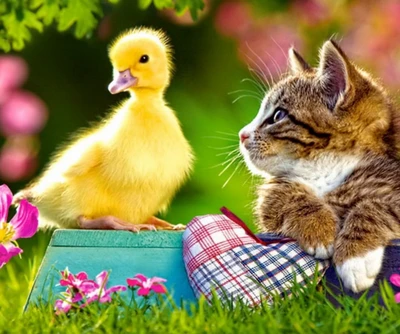 Compagnons de printemps adorables : chaton et caneton dans la nature en fleurs