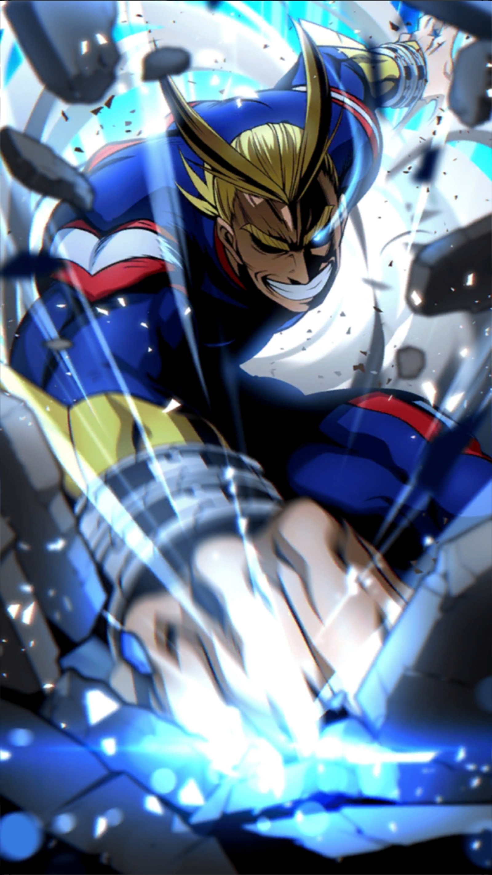 Personaje de anime con una espada en la mano y un fondo azul (all might, lucha, héroe)