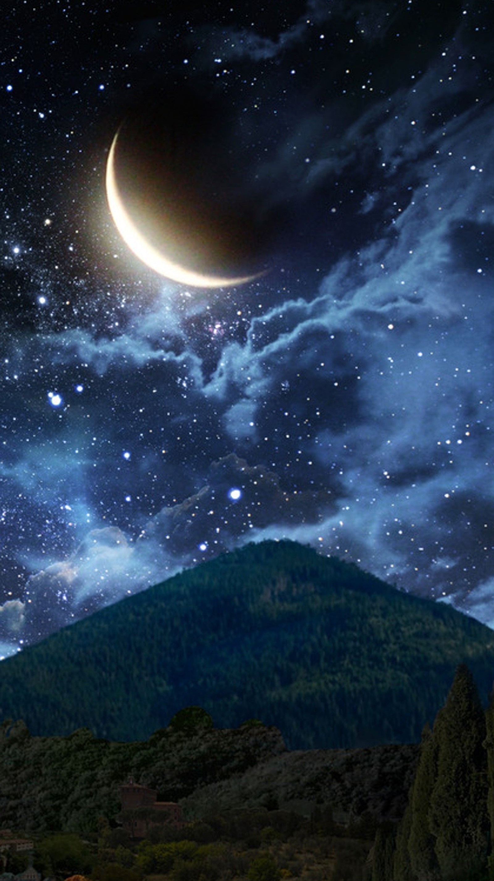 Starry night sky with a crescent and a mountain in the background (moon, mountain, silent, sky)