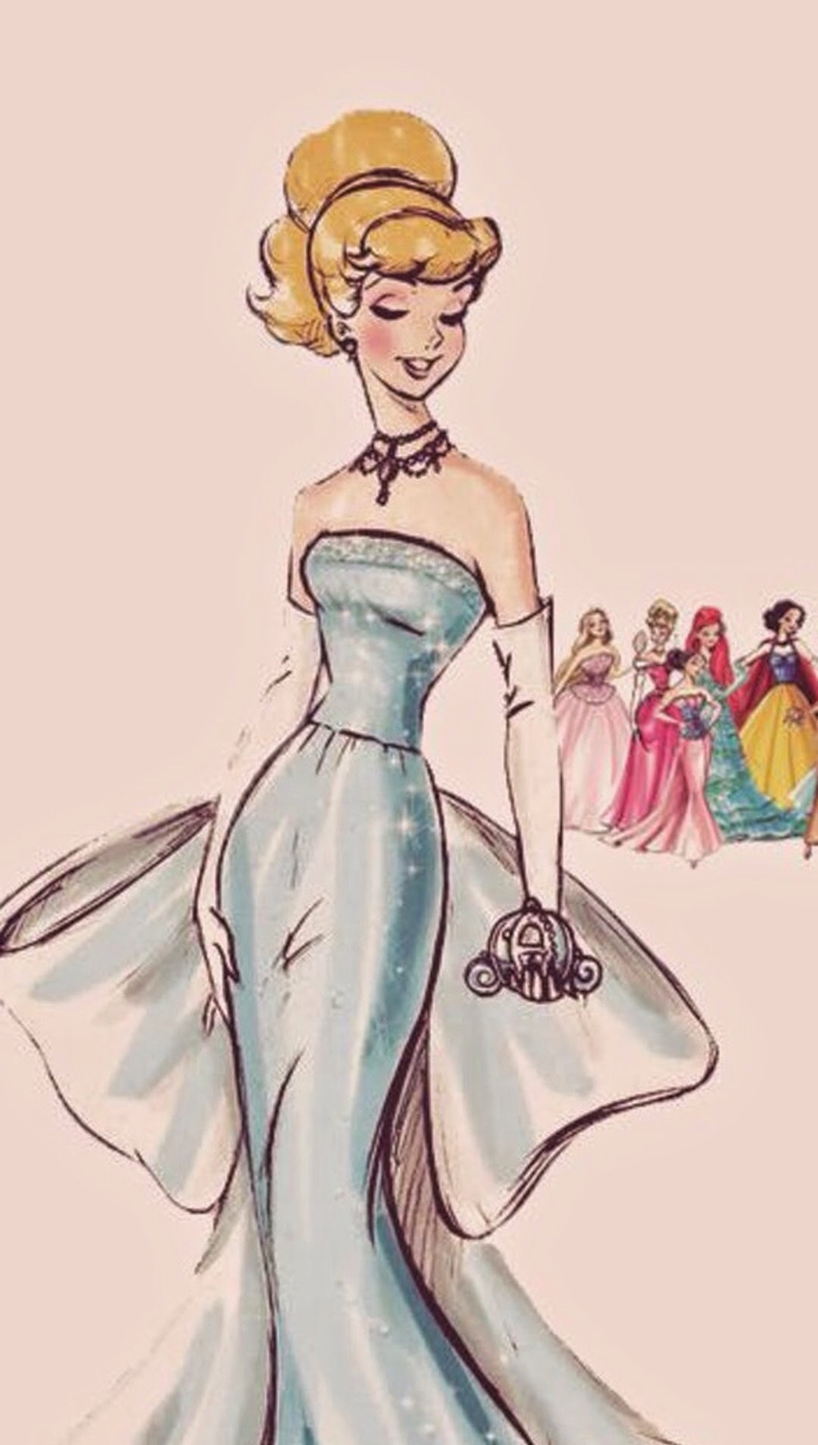 Un dibujo de una mujer con un vestido azul y un bolso (caricatura, cenicienta, princesa)