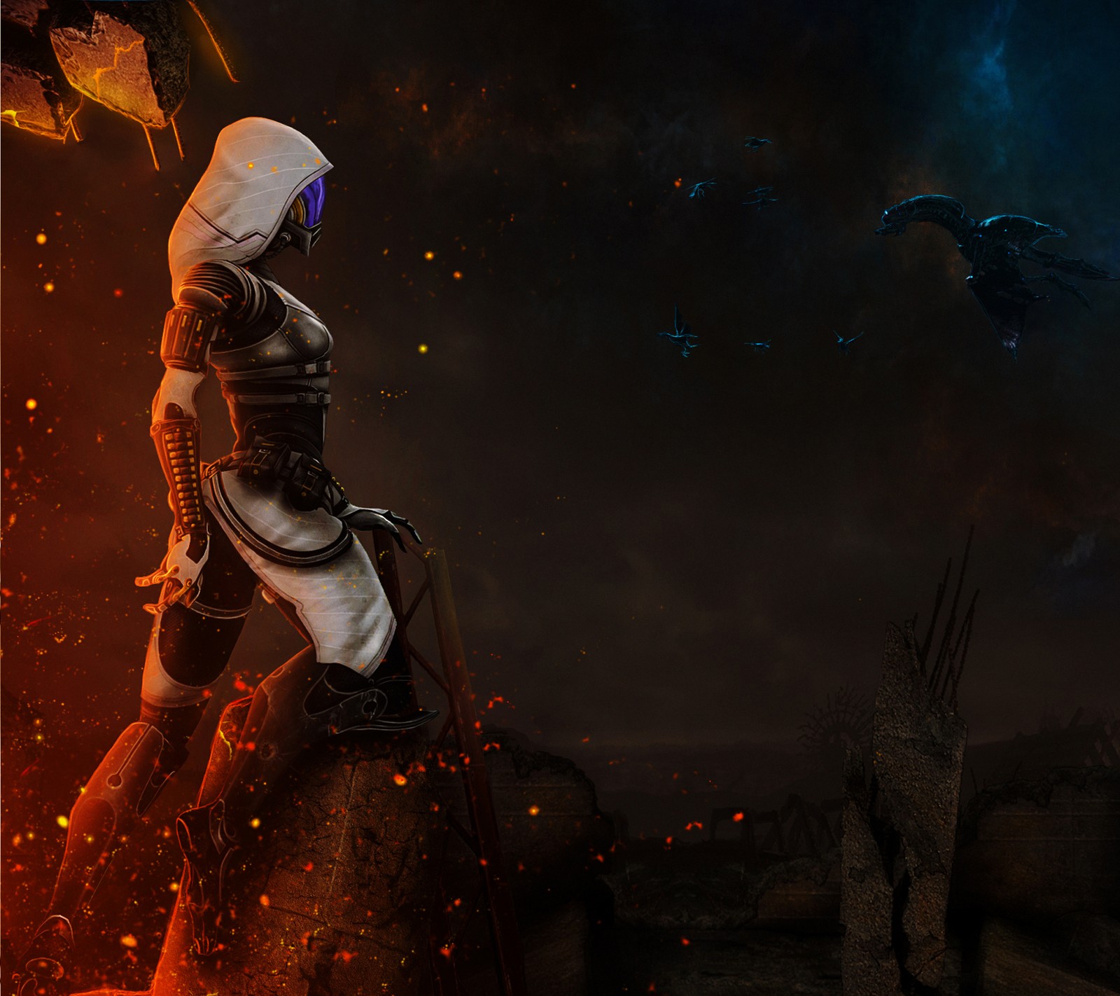 fire, girl, mask, mass effect, mystery wallpaper