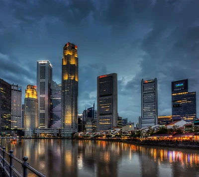 buildings, lights, reflection, river, singapore