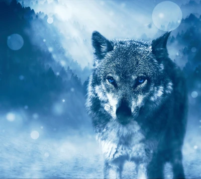 Loup gris majestueux avec des yeux bleus frappants dans une forêt brumeuse