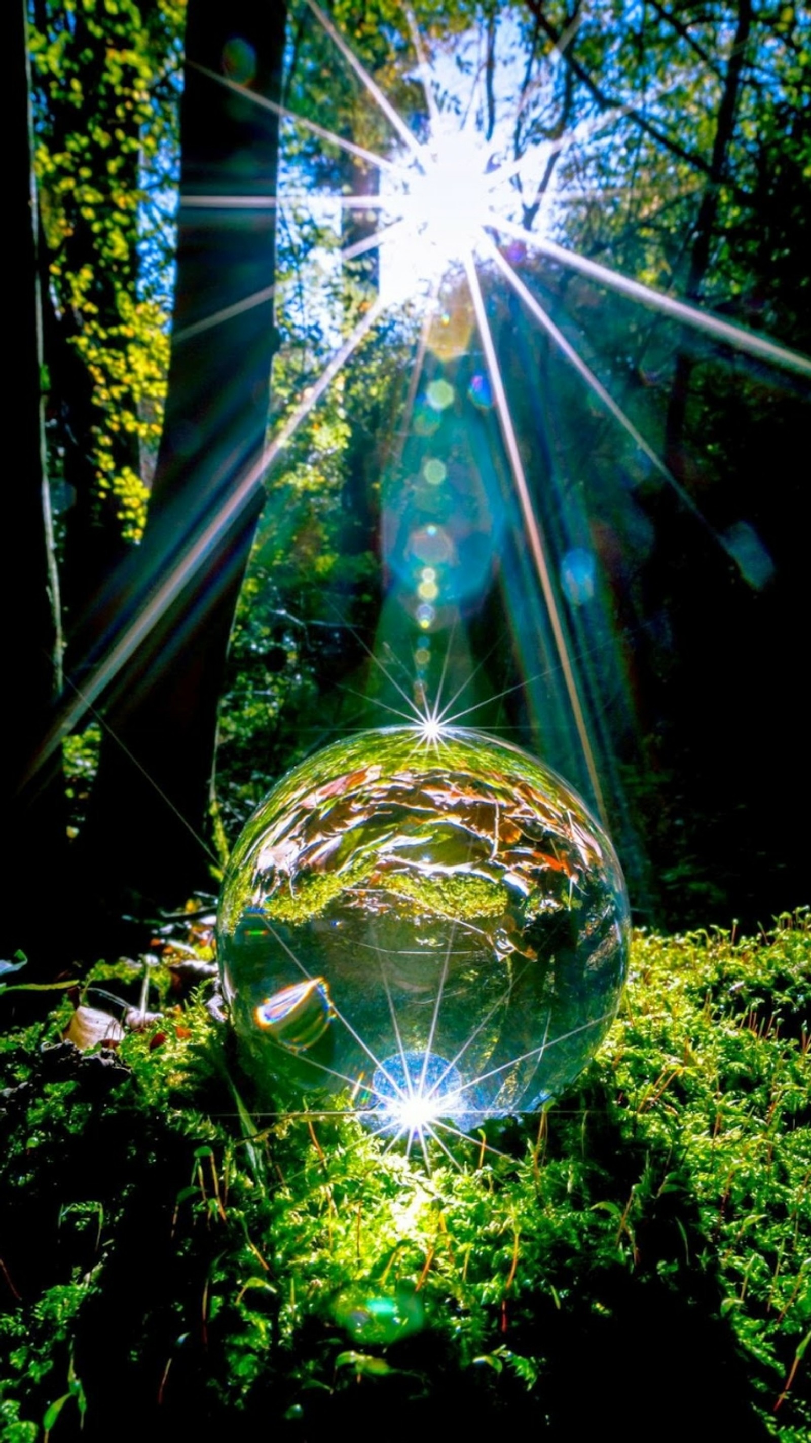 A close up of a person standing in the grass with a large crystal ball (beams, green, light, magic, wood)