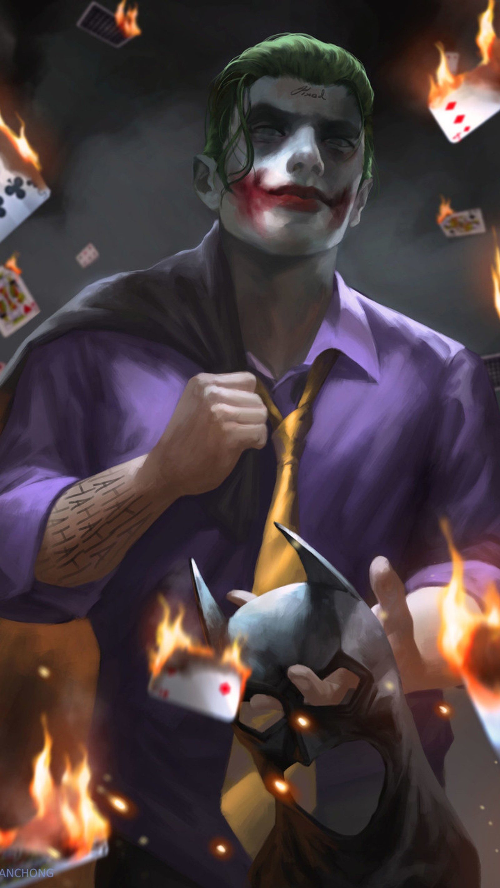 Le joker avec un costume et une cravate en feu tenant une tasse de café (joker, le joker, the joker)