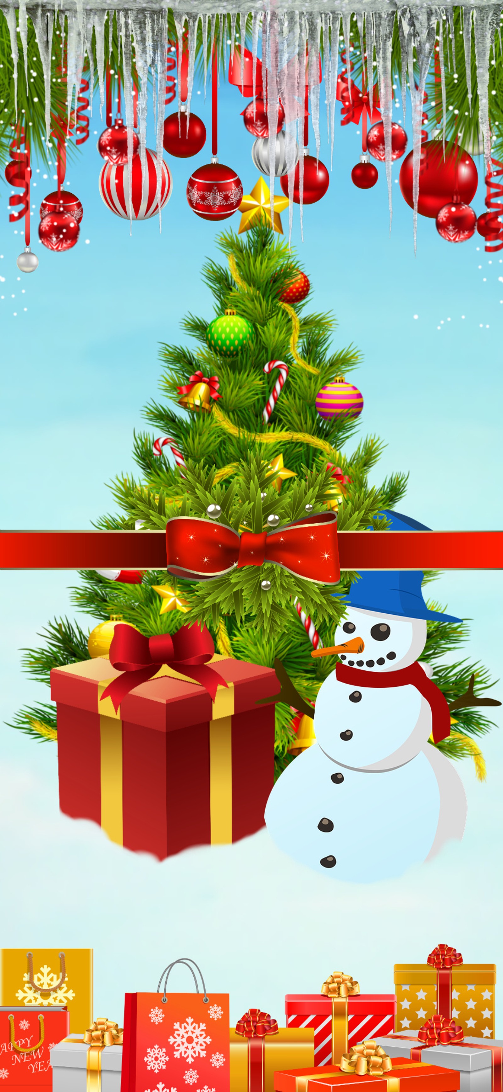 Christmas tree with presents and snowman in the snow (2019, gift, ice, new year, snowman)