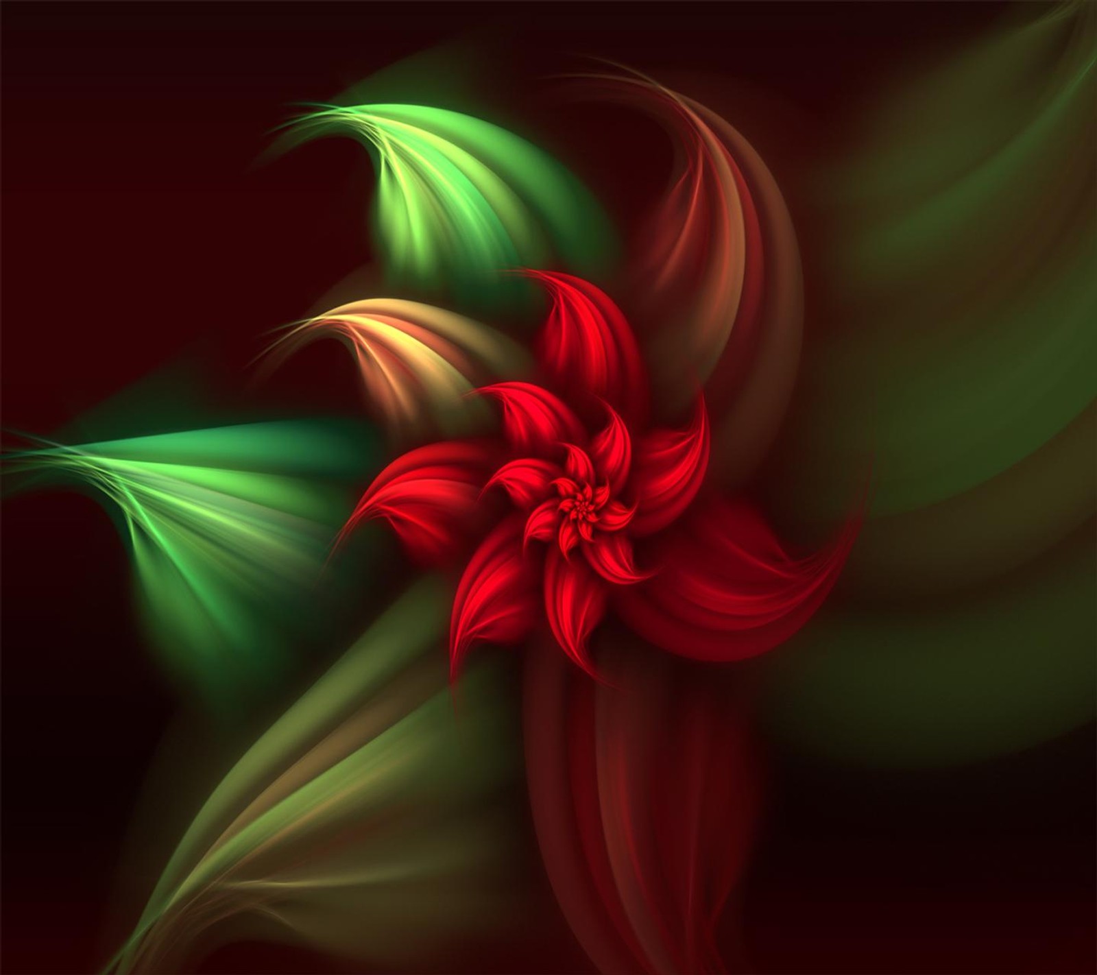 Un primer plano de una flor roja con hojas verdes (abstracto, flor)