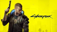 V aus Cyberpunk 2077, der eine Pistole hält und ein futuristisches Outfit vor einem lebhaften gelben Hintergrund präsentiert.