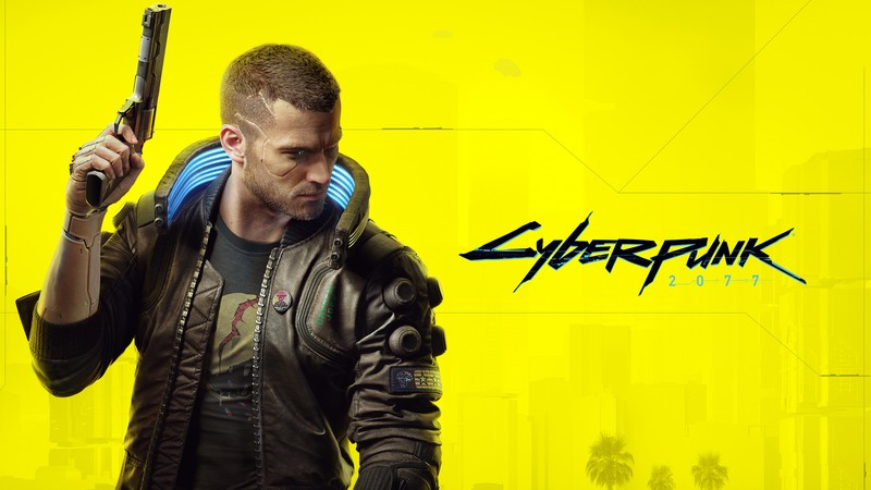 Мужчина с оружием на желтом фоне (cyberpunk 2077, видеоигра, v)