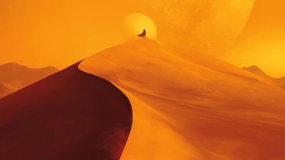 A lone figure stands atop a golden sand dune, silhouetted against a vast, otherworldly landscape with a large celestial body looming in the sky.