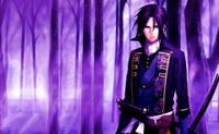 Violet-hued anime character in Shinsengumi attire, set against a mystical forest backdrop.