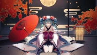 Hatsune Miku in a traditional kimono, surrounded by autumn leaves and a serene moonlit backdrop.