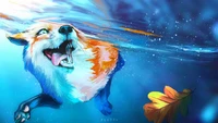 Corgi vibrante bajo el agua en movimiento fluido