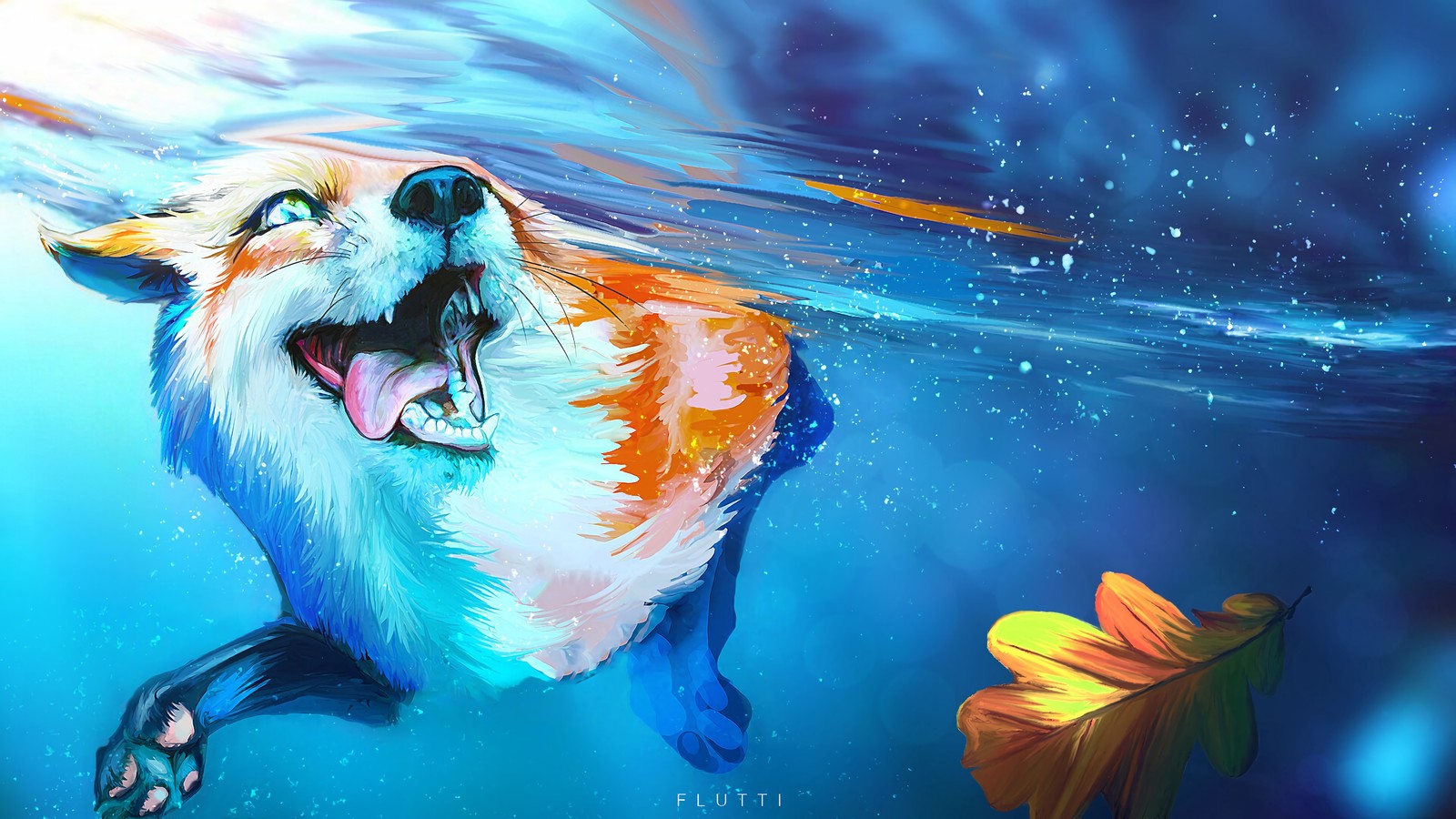 Painting of a dog in the water with a leaf in its mouth (canidae, art, illustration, wildlife, pembroke welsh corgi)