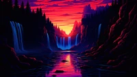 sunset, waterfall, scenery, digital art wallpaper