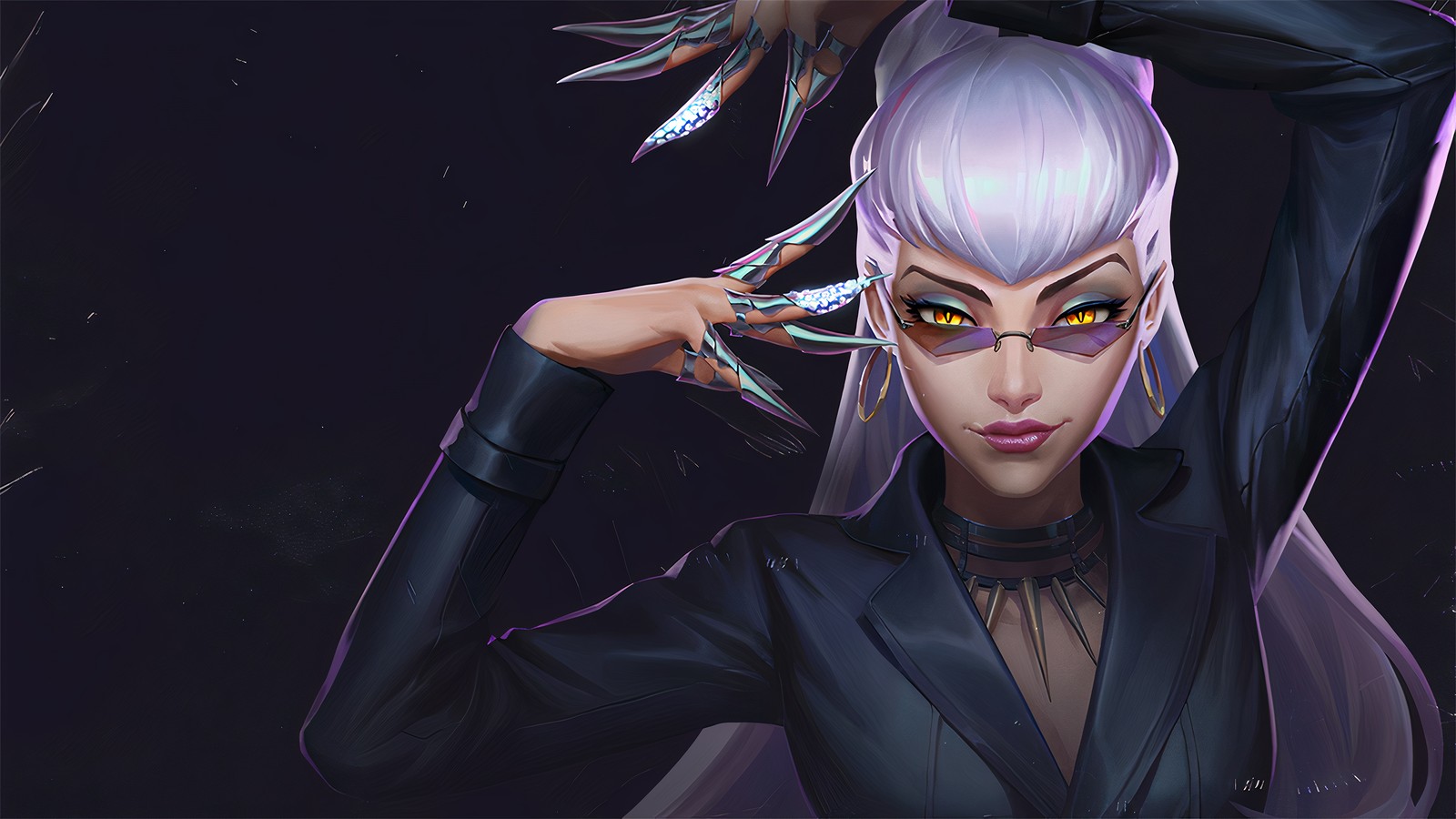 Un primer plano de una mujer con un pájaro en la cabeza (evelynn, league of legends, tema oscuro, juegos, fondo de pantalla 4k)