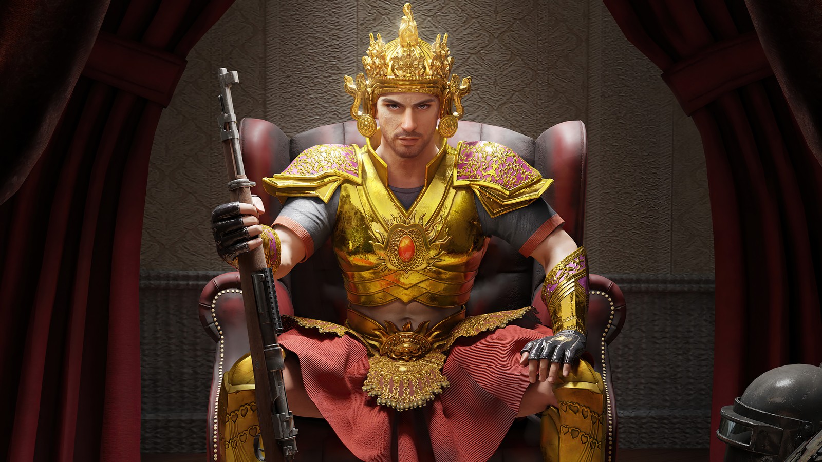 A close up of a statue of a man sitting on a throne (pubg mobile, gold warrior set, pubg, playerunknowns battlegrounds, video game)