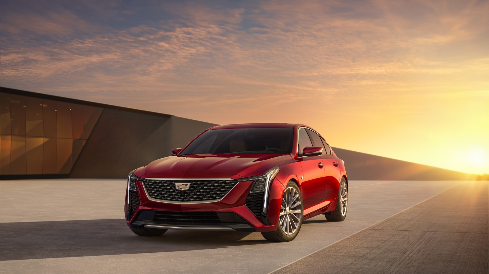 2021 cadillac suv показан на фоне заката (кадиллак ct5, cadillac ct5, люксовый седан, 2025, машины)