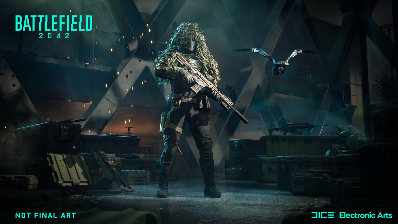 A woman in a black outfit holding a rifle in a dark room (battlefield 2042, dice, electronic arts, crysis, multiplayer video game)