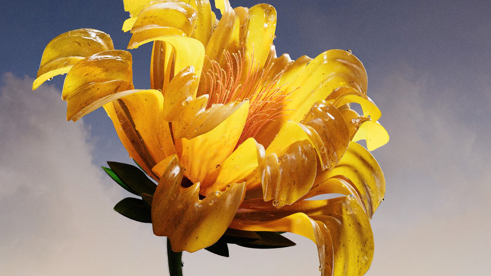 Il y a une fleur jaune dans un vase sur une table (vibrant, fleur jaune, macro, art dia, ai art)