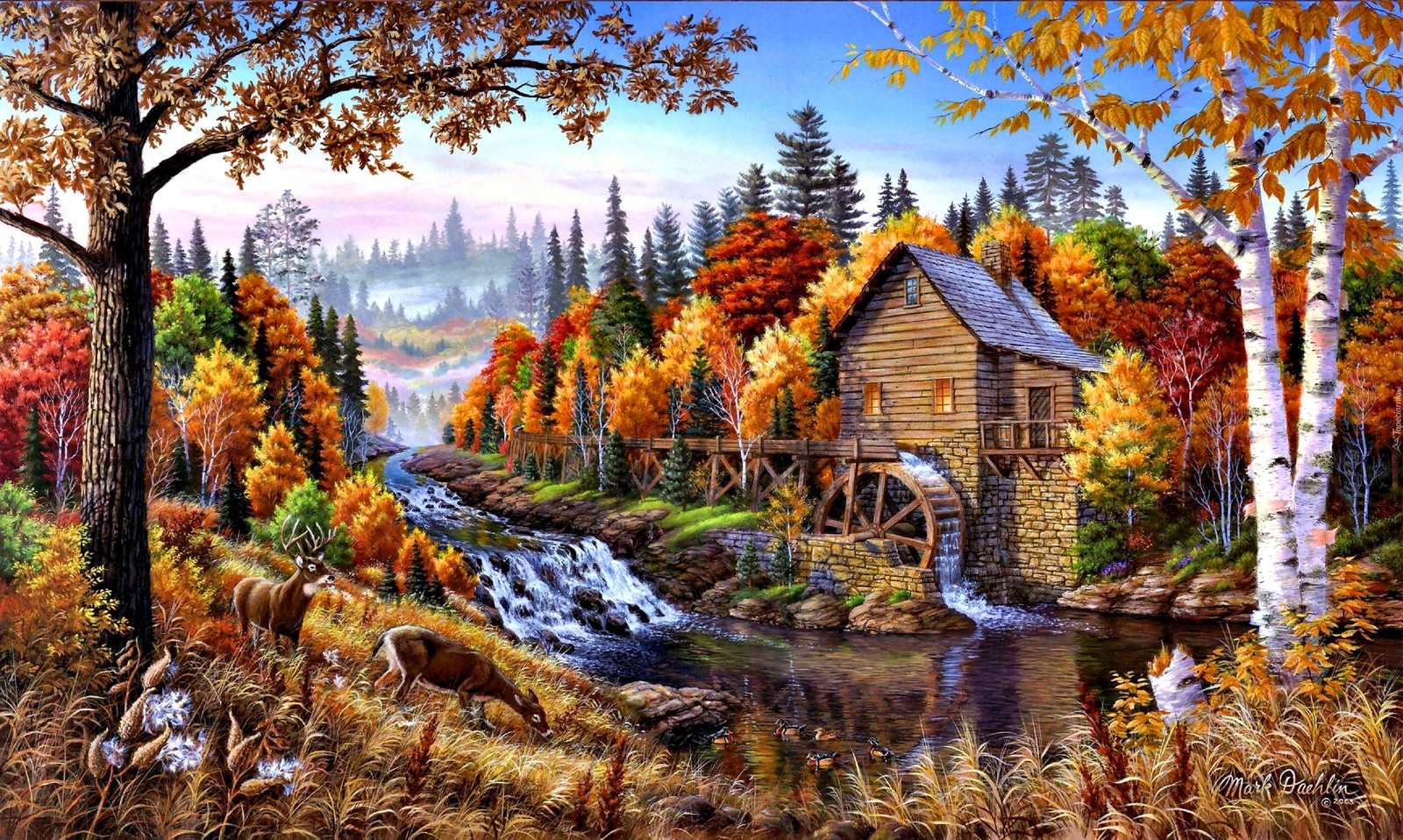 Una pintura de una cabaña en el bosque con una cascada (pintura, pintura al óleo, arte, paisaje natural, naturaleza)