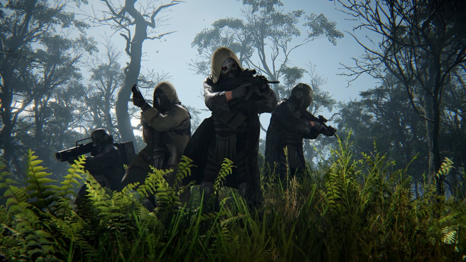 Un groupe de personnes montant des chevaux à travers une forêt par un jour ensoleillé (ghost recon breakpoint, jeu vidéo)