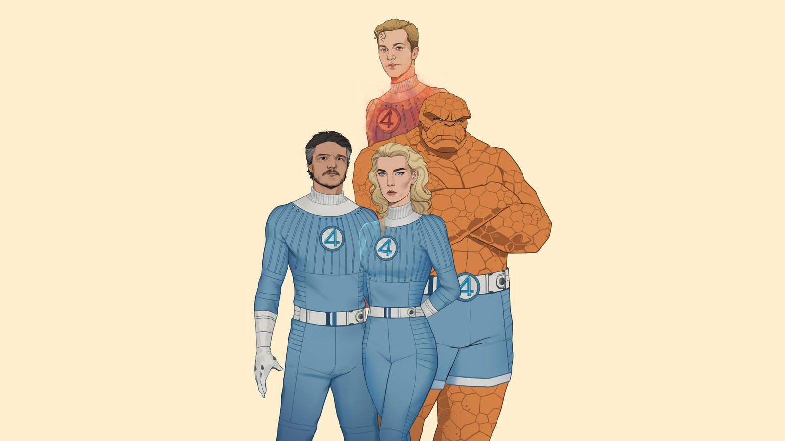 A cartoon of a group of people dressed in blue and orange (fantastic 4, movie, marvel, reed richards, sue storm)