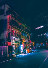 Cena de rua iluminada por néon em uma vibrante metrópole urbana à noite