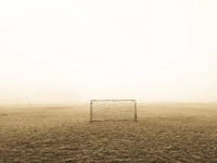 football pitch, stadium, goal, fog, horizon