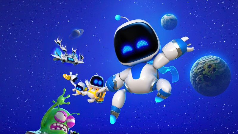 Крупный план мультяшного робота, летящего в воздухе. (астробот, astro bot, игры 2024, 5k, playstation 5)