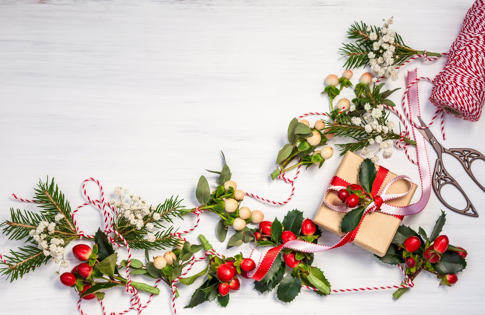 Un primer plano de un regalo envuelto en cinta roja y blanca y rodeado de hojas y bayas de acebo (nuevo año, día de navidad, decoración navideña, flor, floristería)