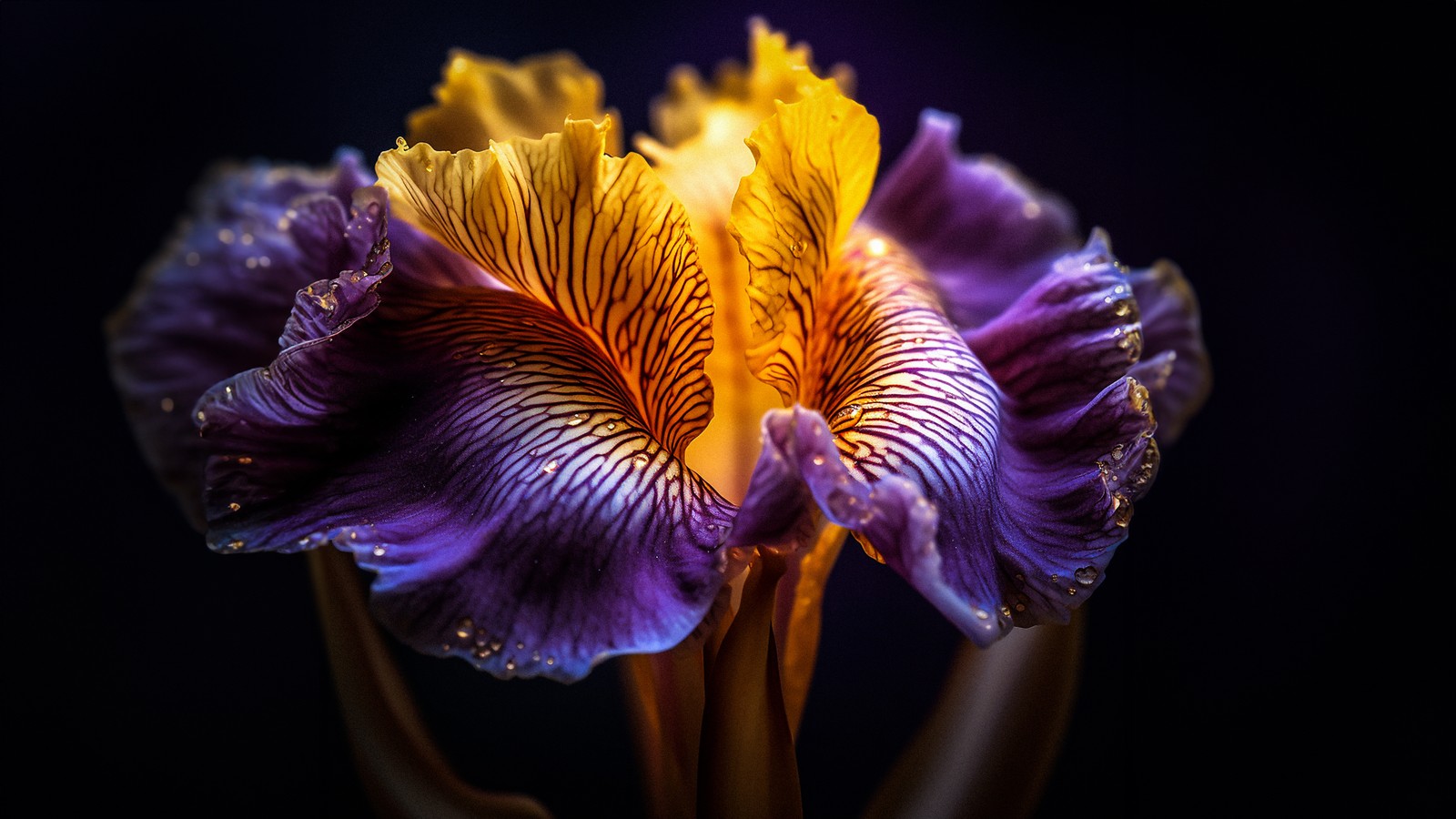 Flor íris roxa e amarela com gotas de água sobre ela (flor roxa, estética sombria, fundo escuro, fotografia de close up, macro)