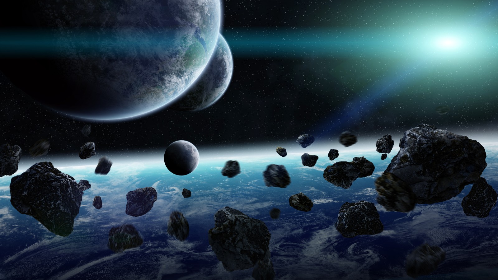 A view of a group of rocks and planets in the sky (illustration, outer space, planet, asteroid, earth)