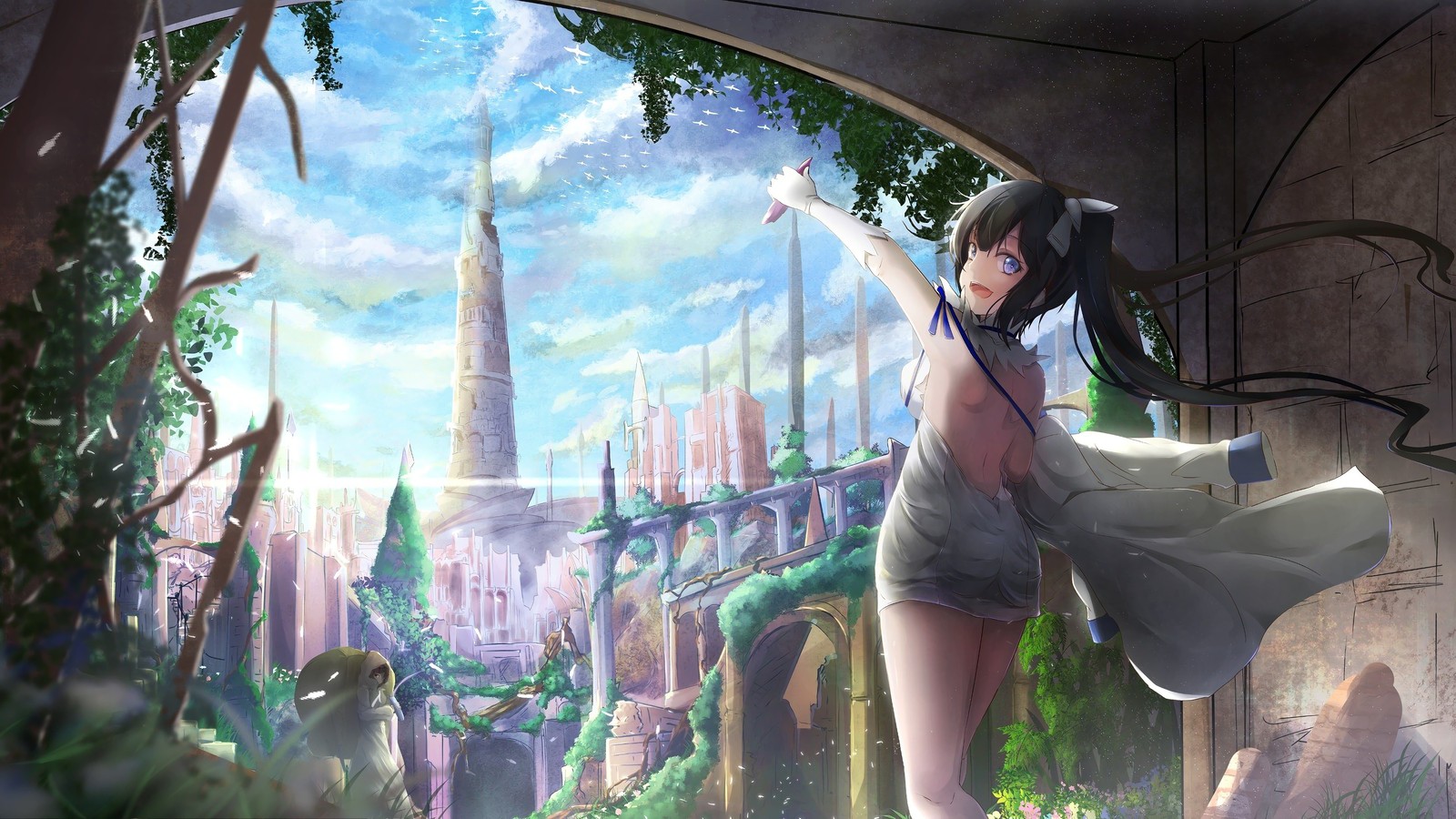 Anime girl in a white dress standing in a courtyard with a castle in the background (hestia, danmachi, anime, is it wrong that i want to meet you in a dungeon, dungeon ni deai wo motomeru no wa machigatteiru darou ka)